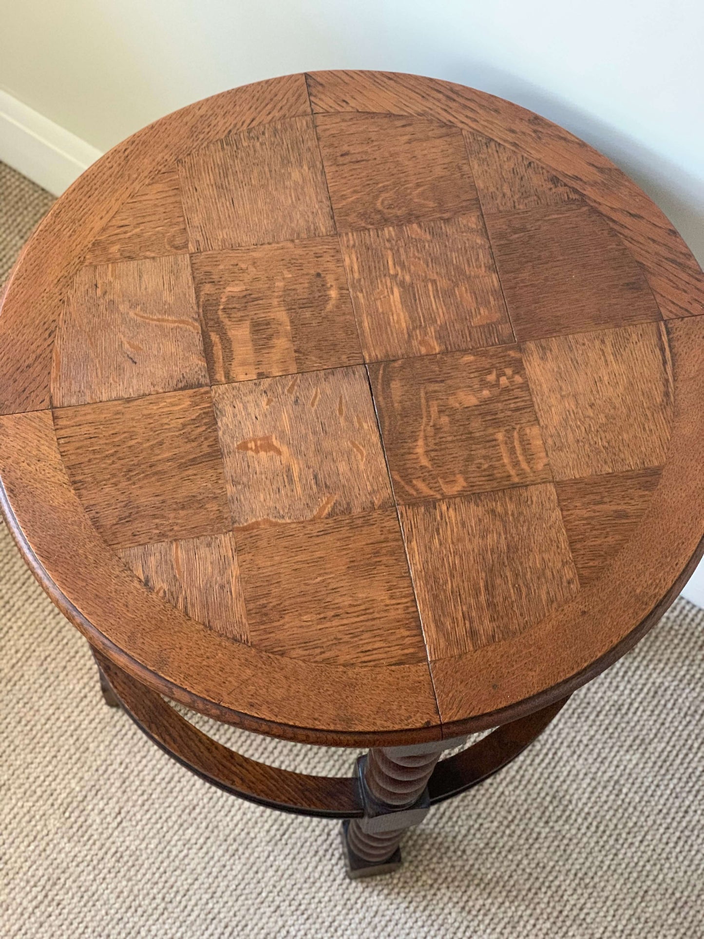 ON HOLD Antique circular bobbin table with parquet top