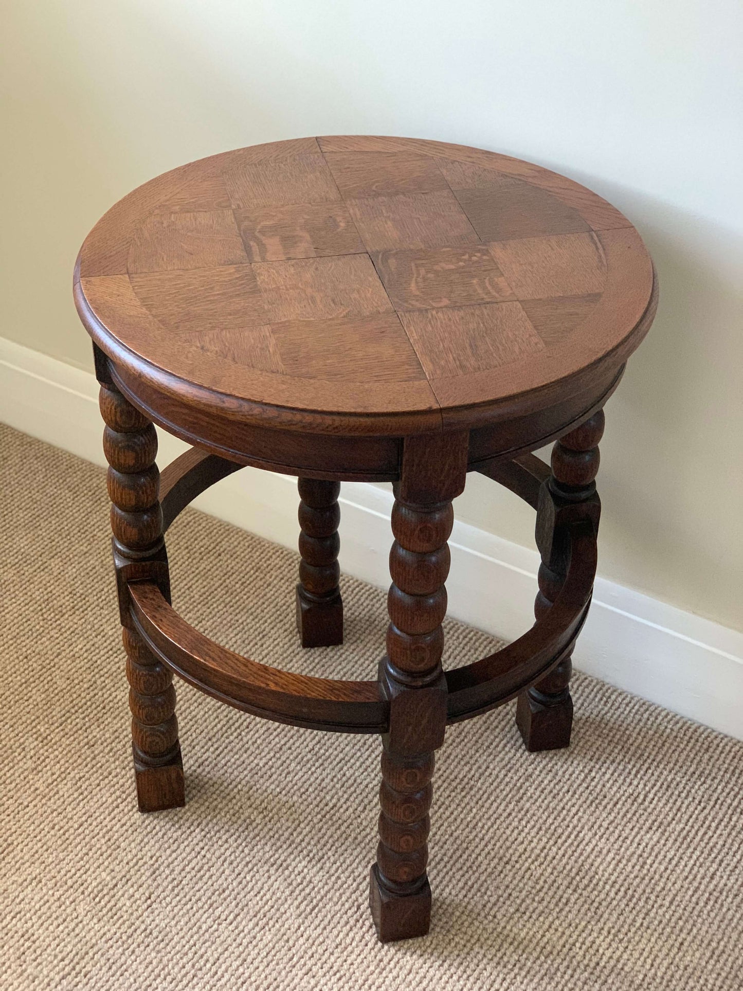 ON HOLD Antique circular bobbin table with parquet top