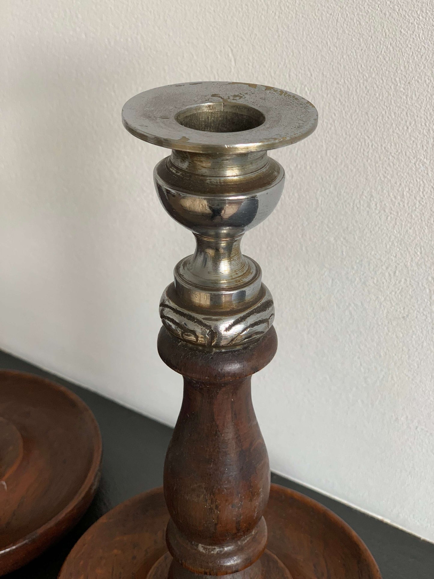 Pair of antique wooden candlestick holders